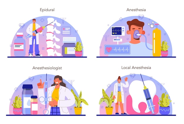 Vector conjunto de anestesiólogo. médico con máscara médica y uniforme que realiza anestesia local, por inhalación y epidural. tratamiento de la medicina moderna, preparación de la operación de cirugía. ilustración de vector plano.