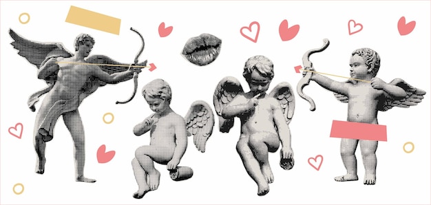 Conjunto de ángeles de medio tono retro Cupido con alas para el diseño del Día de San Valentín Textura de medio tono punto p