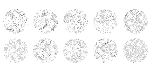 Conjunto de anillos de árboles textura de madera con líneas de topografía patrones ondulados de ondulación orgánica ilustración de garabato