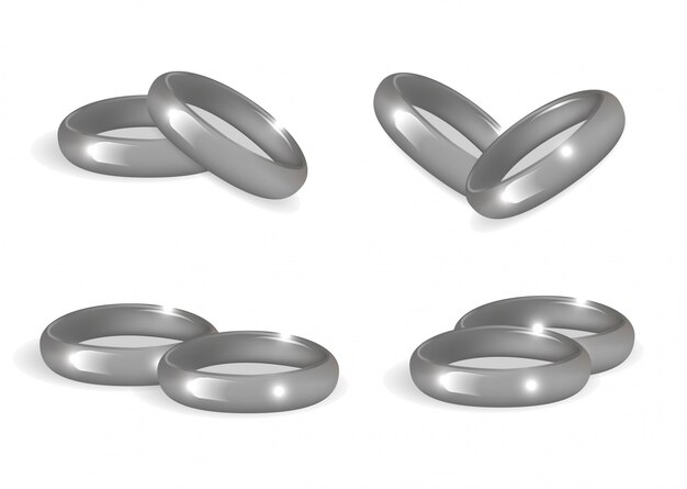 Vector conjunto de anillos de bodas de plata realistas. colección de bandas sobre fondo blanco. ilustración.