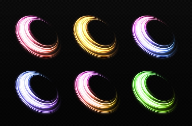 Conjunto de anillos de colores brillantes con efecto de remolinos brillantes.