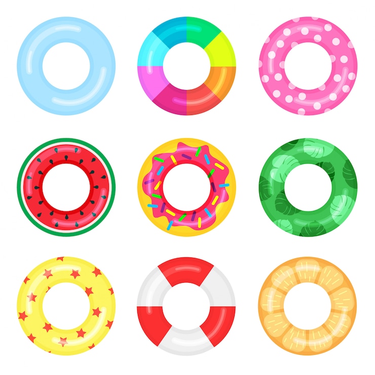 Vector conjunto de anillos de natación de goma con sandía, pastel, naranja, patrón de estrellas. salvavidas flotante salvavidas para playa o barco. agua y playa coloridos juguetes de goma.