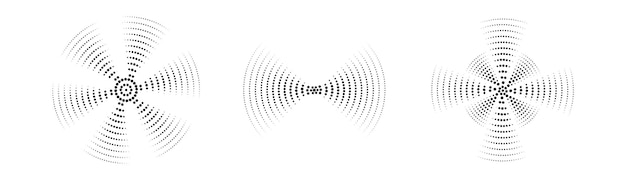Un conjunto de anillos de ondas sonoras negras de líneas interrumpidas y puntos Anillos con líneas radiales Icono objetivo epicentro círculos de vórtice concéntricos Ilustración vectorial