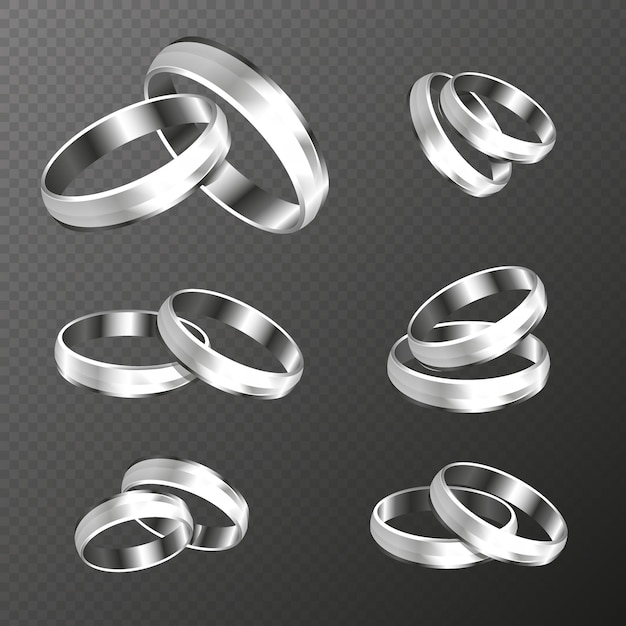 Vector conjunto de anillos de plata de boda de vector aislado sobre fondo transparente anillos brillantes para aniversario