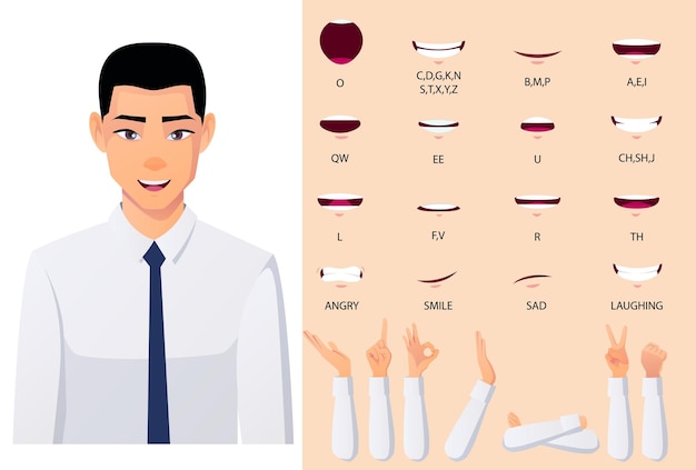 Vector conjunto de animación de boca y labios de personaje de empresario asiático