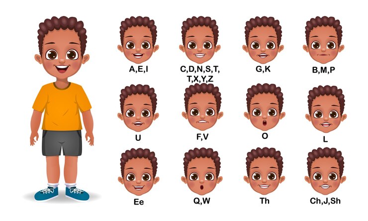 Vector conjunto de animación de boca de niño africano y pronunciación del alfabeto