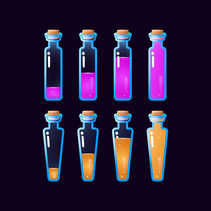 Vector conjunto de animación de botella de poción de interfaz gráfica de usuario de bajo a completo para elementos de activos de interfaz de usuario del juego