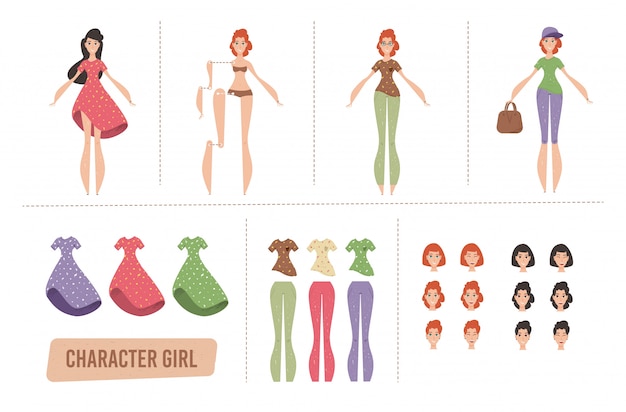 Conjunto de animación de personajes femeninos de dibujos animados o kit de bricolaje