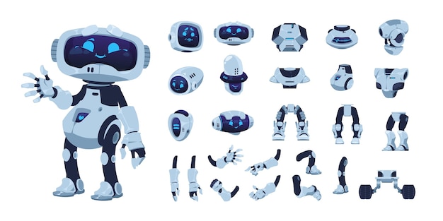 Vector conjunto de animación de robot personaje androide de dibujos animados con inteligencia artificial varias cabezas piernas brazos y cuerpo vector lindo robot futurista