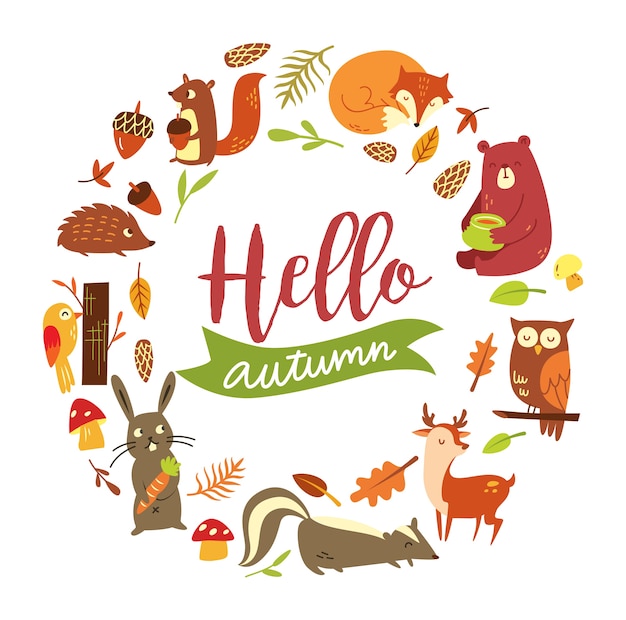 Conjunto de animal otoño aislado sobre fondo blanco