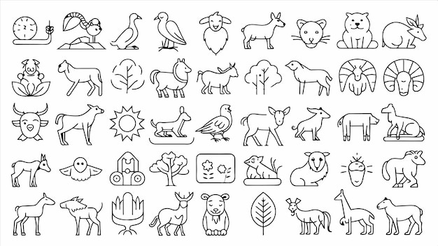 un conjunto de animales y animales dibujados en blanco y negro