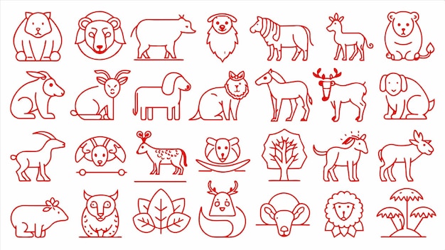 un conjunto de animales y animales dibujados en rojo