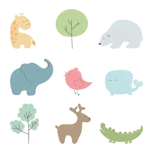 Un conjunto de animales y árboles minimalistas en colores apagados Iconos vectoriales dibujados a mano