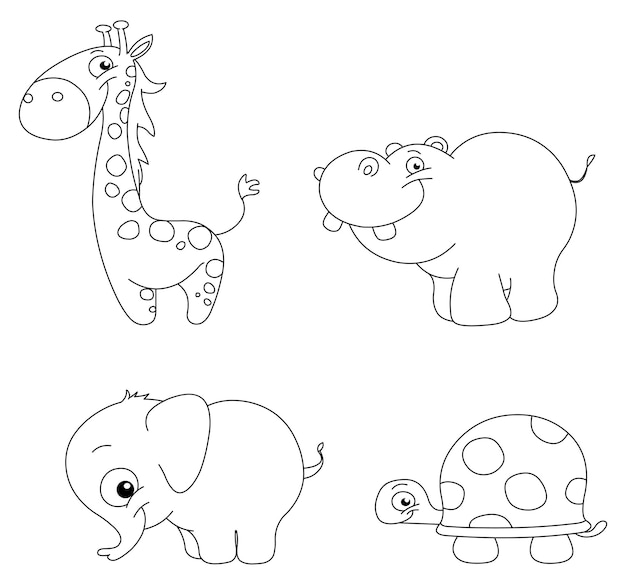 Conjunto de animales bebés lindos con contornos jirafa hipopótamo elefante y tortuga Vector Lineart Página para colorear