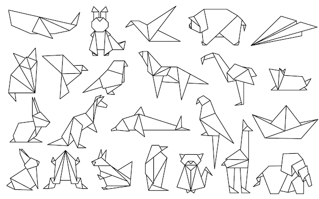 Vector conjunto de animales blancos en estilo plano origami japonés origami papel forma de animal geométrica