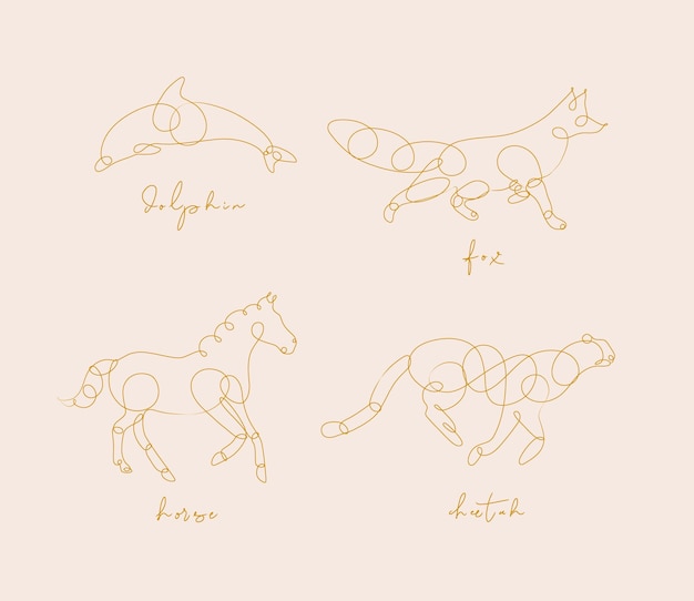 Conjunto de animales delfín zorro caballo guepardo dibujo en estilo de línea de pluma sobre fondo beige