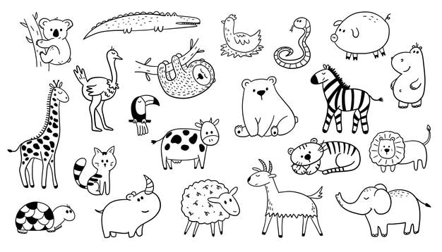 Conjunto de animales de dibujos animados dibujados a mano Ilustración vectorial