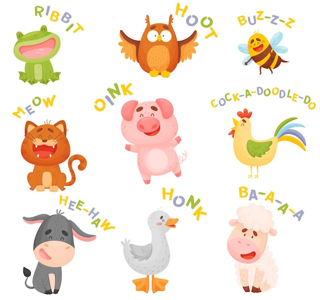 Conjunto de animales de dibujos animados hablando aislado en blanco