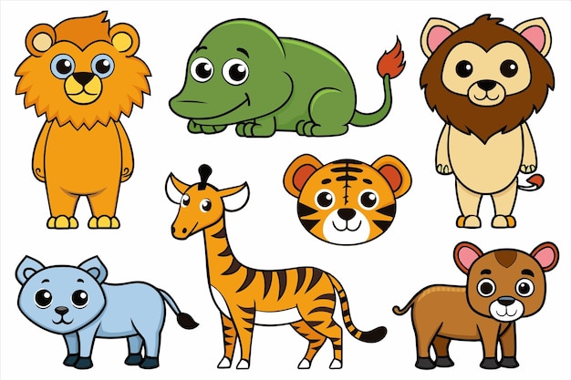 un conjunto de animales de dibujos animados que incluyen un león, un tigre y un león un león y un leó