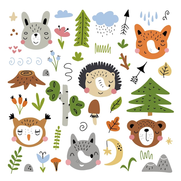 Conjunto de animales escandinavos Dibujado a mano Doodle animales de dibujos animados con elementos del bosque y los dones de la naturaleza para carteles infantiles postales camisetas infantiles Ilustración vectorial