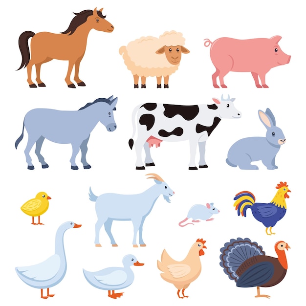 Vector conjunto de animales de granja aislado caballo vaca cabra oveja cerdo conejo pollo gallo pato ganso pollito pavo