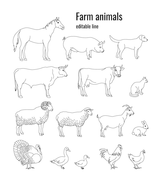 Conjunto de animales de granja de caballo, cerdo, perro, toro, vaca, gato, carnero, oveja, cabra. línea editable. ilustración vectorial