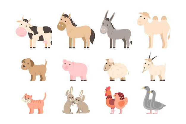 Conjunto de animales de granja. colección de dibujos animados para mascotas y animales domésticos: vaca, caballo, burro, camello, perro, cerdo, oveja, cabra, gato, conejo, gallo y pollo, ganso. ilustración de vector de estilo plano de dibujos animados