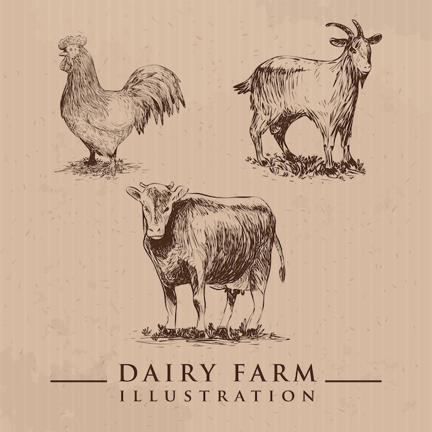 Conjunto de animales de granja en el estilo de dibujo Ilustración vectorial ganado dibujado a mano Vaca Cabra Gallina