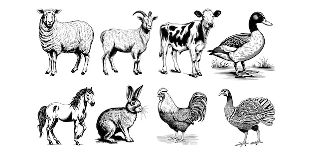 Conjunto de animales de granja grabado en madera estilo dibujo vectorial