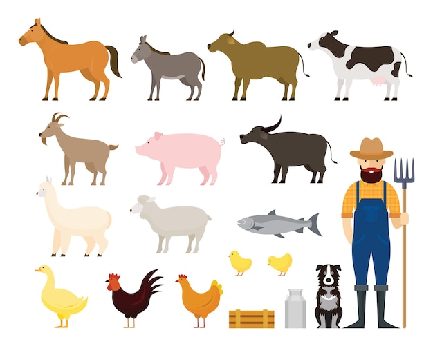 Vector conjunto de animales de granja con granjero y perro