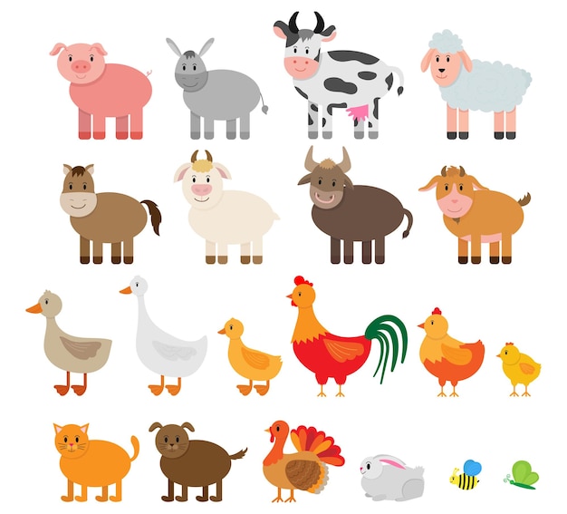 Vector conjunto con animales de granja planos aislados sobre fondo blanco