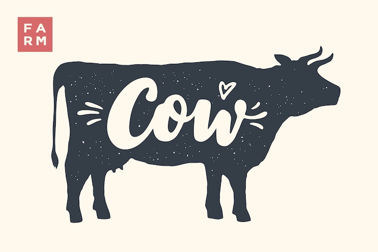 Vector conjunto de animales de granja. silueta de vaca y palabras vaca, granja. gráfico creativo con letras vaca para carnicería, mercado de agricultores. cartel para tema de animales. ilustración