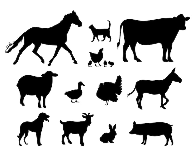 Vector un conjunto de animales de granja en silueta.