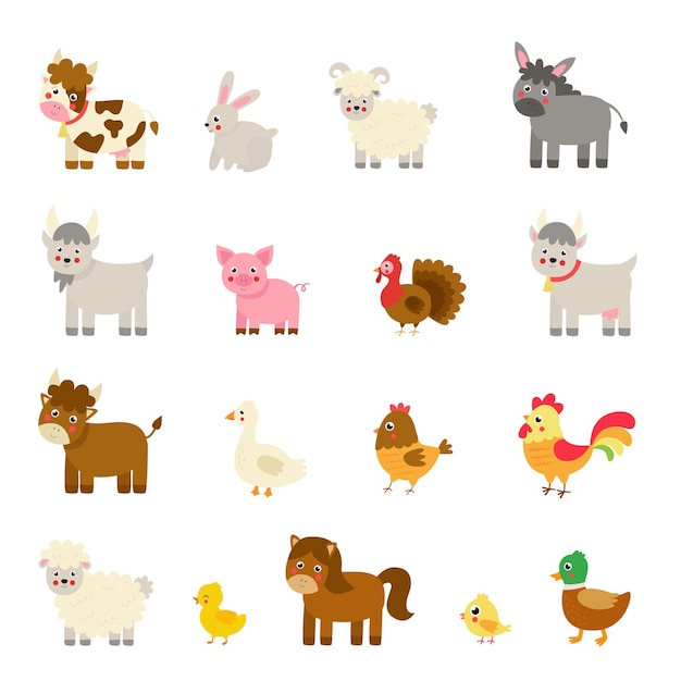 Conjunto de animales de granja de vector en estilo de dibujos animados.  colección de ilustraciones infantiles. | Vector Premium