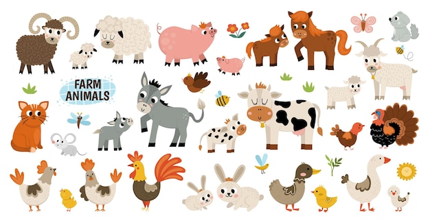 Conjunto de animales de granja de vectores grandes Gran colección con vaca caballo cabra oveja pato gallina cerdo y sus bebés Paquete de ilustración de aves del país Lindos iconos de madre y bebé Colección de naturaleza temática ruralxA