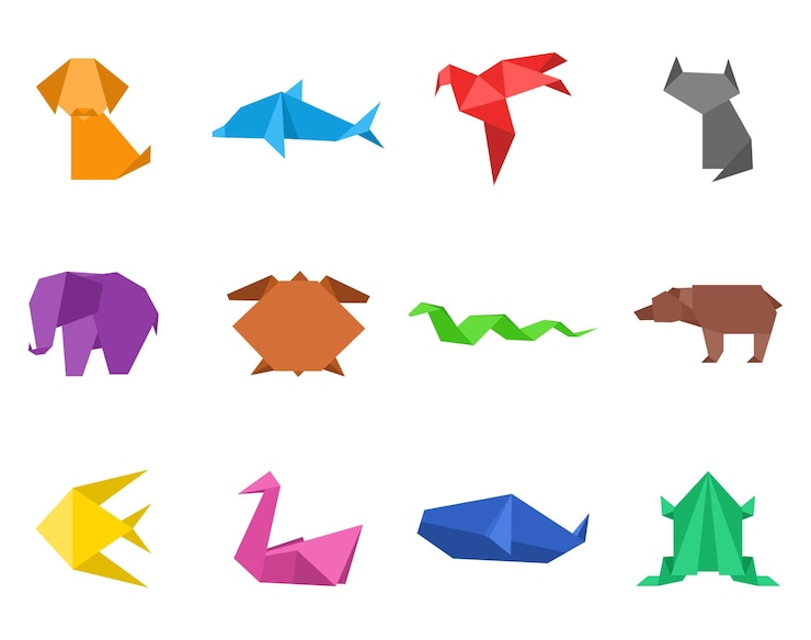 Vector conjunto de animales japoneses de origami hobby moderno polígono doblado papel figura de color juguete arte del plegado de papel figuras geométricas en forma de animales salvajes de dibujos animados ilustración vectorial