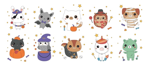 Conjunto de animales kawaii en diferentes disfraces de halloween.