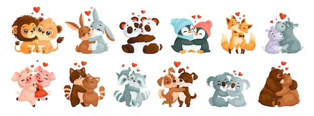 Conjunto de animales lindos y amorosos abrazados leones liebres pandas hipopótamos zorros pingüinos lechones gatos perros mapaches koalas y osos parejas de animales enamorados al estilo de dibujos animados