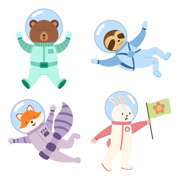 Conjunto de animales lindos astronautas en el espacio divertido oso perezoso zorro y conejo cosmonautas usan trajes espaciales volando