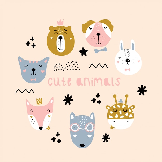 Conjunto de animales lindos escandinavos. Zorro, liebre, lobo, oso, jirafa, perro, gato. Ilustración infantil de vectores aislado sobre fondo blanco. Elementos. Impresión para guardería, ropa infantil, póster, postal.