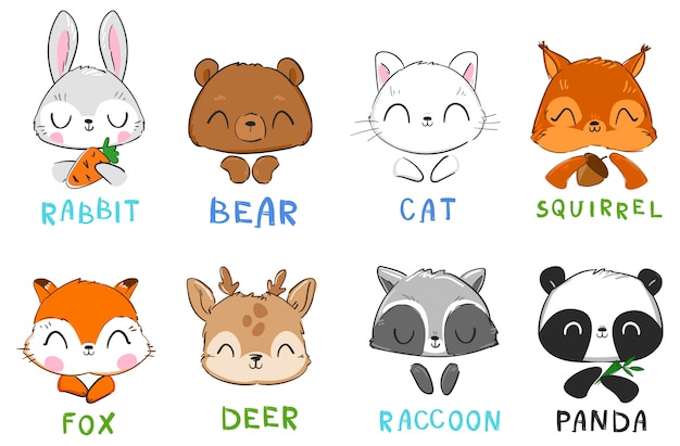 Conjunto de animales lindos Ilustración de gato y ardilla, oso panda, conejo y zorro, mapache y venado.