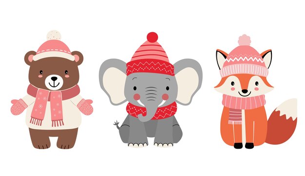 Conjunto de animales lindos con ropa de invierno Mascotas densamente vestidas Animales de invierno Oso elefante zorro