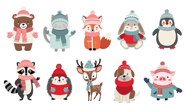Conjunto de animales lindos con ropa de invierno oso ardilla pingüino perro mascotas densamente vestidas animales de invierno