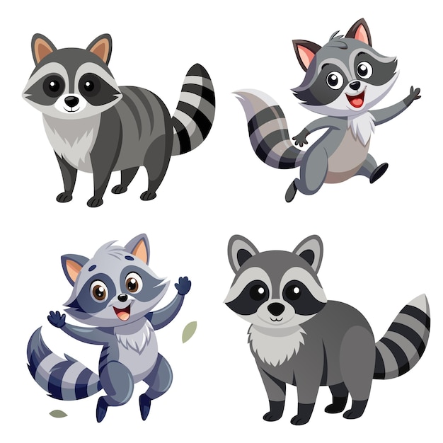 Vector conjunto de animales mapaches mamíferos salvajes caricaturas caricaturas divertidas mascota