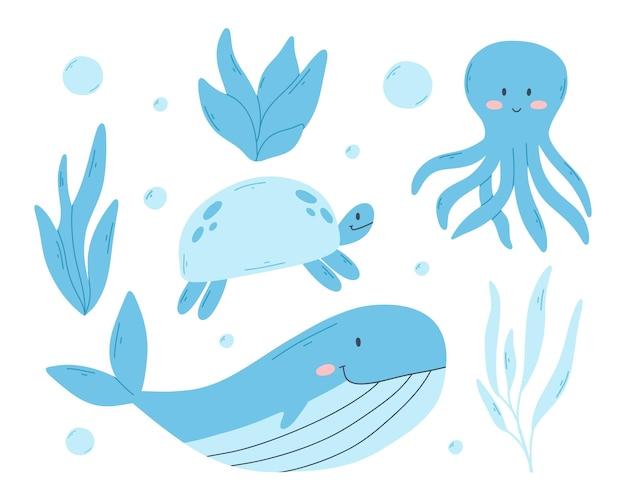 Conjunto de animales marinos y algas en estilo plano Ilustración vectorial Colección dibujada a mano de simpáticos animales marinos Tortuga ballena pulpo y algas aisladas sobre fondo blanco