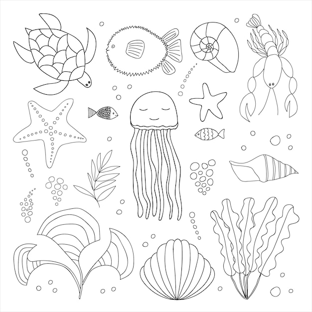 Conjunto de animales marinos grandes Página para colorear de vida marina vectorial Peces de fideos dibujados a mano y animales submarinos