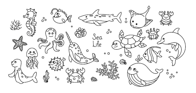 Conjunto de animales marinos de ilustración de línea Impresión de verano Vector