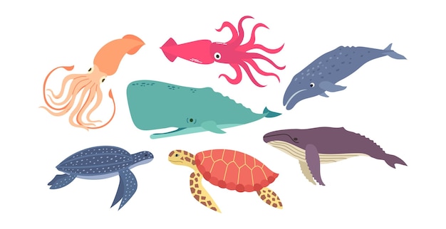 Conjunto de animales marinos y oceánicos tortugas calamares y ballenas iconos de ilustración vectorial de dibujos animados