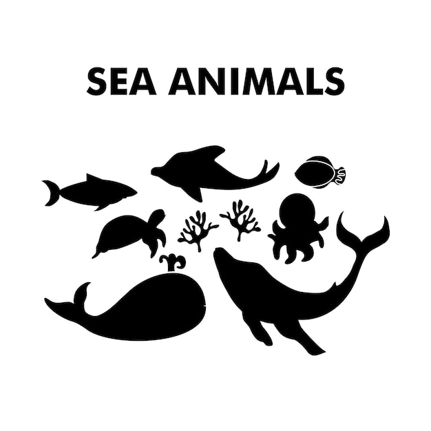 Vector conjunto de animales marinos silueta vectorial sobre fondo blanco