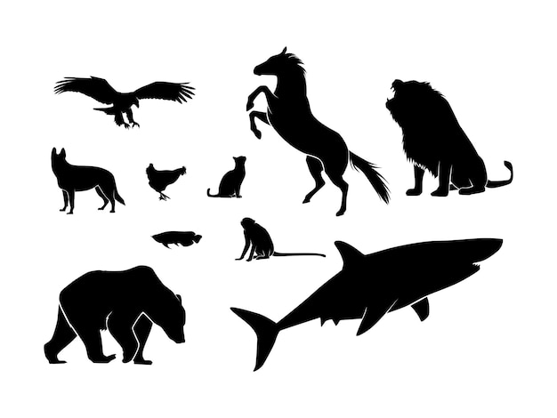 Vector conjunto de animales mascotas silueta aislado sobre un fondo blanco ilustración vectorial